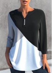 ROTITA Decorative Button Black Split Neck Blouse