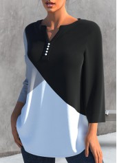 Black tops,Contrast Color tops,ROTITA Decorative Button Black Split Neck Blouse