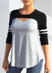 Black tops,Contrast Color tops,ROTITA Cutout Detail Long Sleeve Black T Shirt