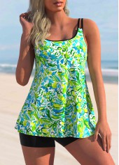 Floral Print Double Straps Light Green Tankini Set