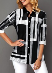 Black tops,Geometric tops,ROTITA Button Up Black Turndown Collar Geometric Print Blouse