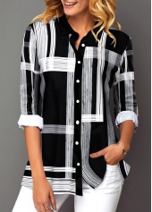 ROTITA Button Up Black Turndown Collar Geometric Print Blouse