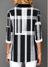 Black tops,Geometric tops,ROTITA Button Up Black Turndown Collar Geometric Print Blouse