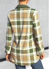 Green tops,Plaid tops,ROTITA Turndown Collar Plaid Green Long Sleeve Blouse