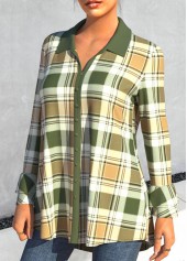 Green tops,Plaid tops,ROTITA Turndown Collar Plaid Green Long Sleeve Blouse