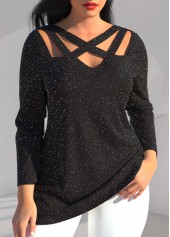 Black tops,Plain Color tops,ROTITA Black Long Sleeve Cross Strap T Shirt