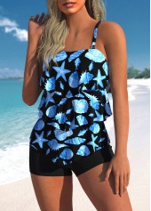 Cyan swimwear,Other swimwear,ROTITA Starfish Print Layered Hem Cyan Tankini Top
