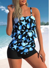 Starfish Print Layered Hem Cyan Tankini Set