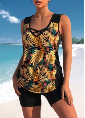 Black swimwear,Plants swimwear,ROTITA Black Leaf Print Cross Strap Tankini Set