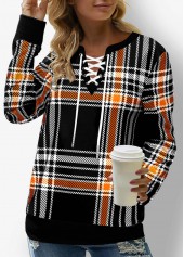 Black tops,Plaid tops,ROTITA Lace Up Plaid Black Halloween Design Sweatshirt