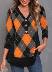 ROTITA Black Plaid Decorative Button Halloween V Neck T Shirt