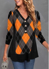 Black tops,Plaid tops,ROTITA Black Plaid Decorative Button Halloween V Neck T Shirt