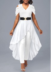 White jumpsuits & rompers,Plain Color jumpsuits & rompers,ROTITA Cold Shoulder V Neck White Jumpsuit