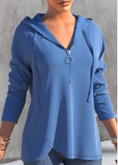 Dusty Blue tops,Plain Color tops,ROTITA Dusty Blue Drawstring Quarter Zip Long Sleeve Hoodie