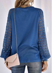 Navy tops,Plain Color tops,Lace Navy Round Neck Long Sleeve T Shirt
