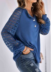 Navy tops,Plain Color tops,Lace Navy Round Neck Long Sleeve T Shirt