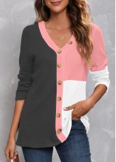 ROTITA Decorative Button Dark Grey V Neck T Shirt