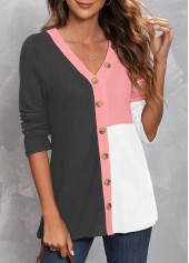 Dark Grey tops,Contrast Color tops,ROTITA Decorative Button Dark Grey V Neck T Shirt