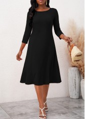 Black dresses,Plain Color dresses,Everyday dresses,Casual dresses,ROTITA 3/4 Sleeve Black Round Neck Dress