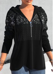 Black tops,Plain Color tops,ROTITA Asymmetric Hem Black Sequin Long Sleeve Hoodie