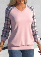 Dusty Pink tops,Plaid tops,Geometric tops,ROTITA Tartan Print Dusty Pink V Neck Sweatshirt