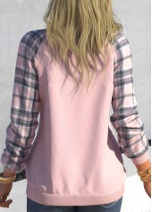Dusty Pink tops,Plaid tops,Geometric tops,ROTITA Tartan Print Dusty Pink V Neck Sweatshirt