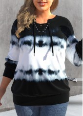 ROTITA Plus Size Black Tie Dye Print Sweatshirt