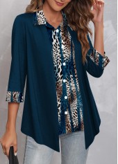 ROTITA Asymmetric Hem Shirt Collar Dark Blue Blouse