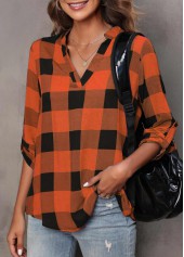 ROTITA Tartan Print Orange Split Neck Long Sleeve Blouse