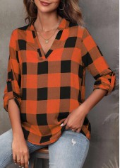 Orange tops,Plaid tops,ROTITA Tartan Print Orange Split Neck Long Sleeve Blouse