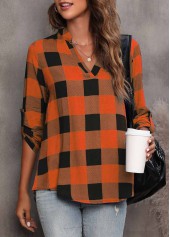 Orange tops,Plaid tops,ROTITA Tartan Print Orange Split Neck Long Sleeve Blouse