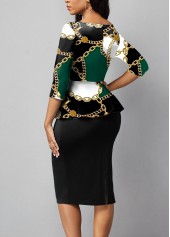 Black dresses,Tribal dresses,ROTITA Ruffle Chain Print Black Midi Dress