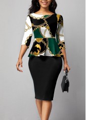 Black dresses,Tribal dresses,ROTITA Ruffle Chain Print Black Midi Dress