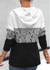 Black tops,Contrast Color tops,ROTITA Lace Patchwork Zipper Closure Black Hoodie