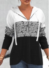 Black tops,Contrast Color tops,ROTITA Lace Patchwork Zipper Closure Black Hoodie