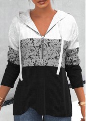 ROTITA Lace Patchwork Zipper Closure Black Hoodie