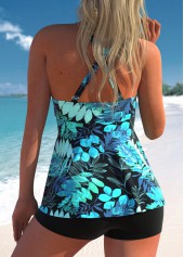 Cyan swimwear,Plants swimwear,ROTITA Cross Strap Cyan Tropical Plants Print Tankini Top