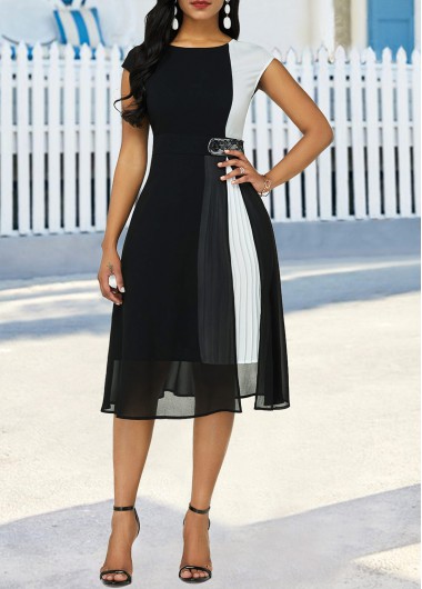 Multi Color dresses,Contrast Color dresses,ROTITA Color Block Cap Sleeve Pleated Detail Dress