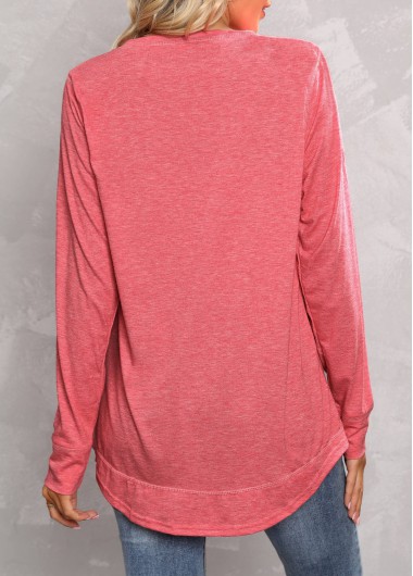 Peach Red tops,Plain Color tops,Peach Red Round Neck Long Sleeve T Shirt
