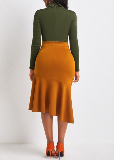 Blackish Green dresses,Contrast Color dresses,ROTITA Blackish Green Bowknot Side Slit Contrast Dress