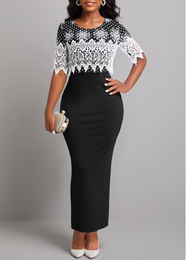 Black dresses,Dot dresses,ROTITA Lace Patchwork Polka Dot Black Bodycon Dress