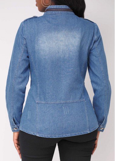 Denim Blue outerwear & coats,Plain Color outerwear & coats,Double Side Pockets Stand Collar Denim Blue Jacket