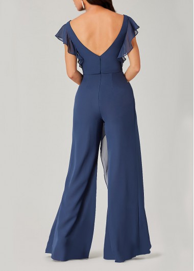 Blue jumpsuits&rompers,Plain Color jumpsuits&rompers,ROTITA Blue V Neck Short Sleeve Jumpsuit