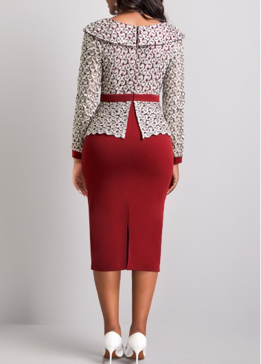 Wine Red dresses,Contrast Color dresses,ROTITA Wine Red Embroidered V Neck Bodycon Dress