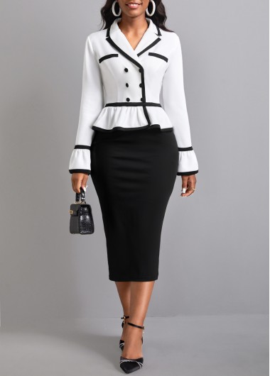 Black dresses,Contrast Color dresses,ROTITA Ruffle Black Lapel Long Sleeve Bodycon Dress