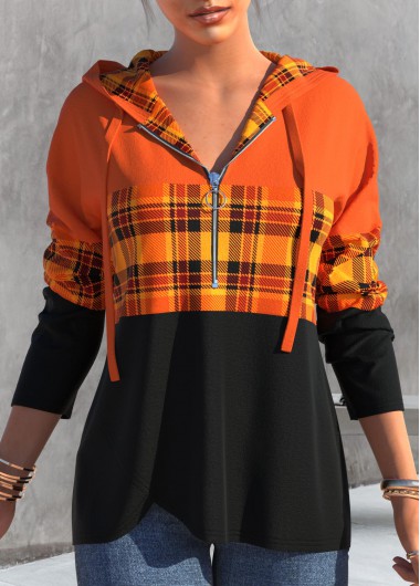 Orange tops,Plaid tops,ROTITA Cross Hem Tartan Print Orange Long Sleeve Hoodie