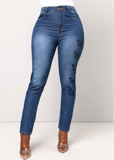 Denim Blue bottoms,Animal Print bottoms,Double Side Pockets Butterfly Print Denim Blue Jeans