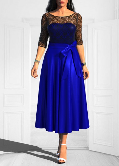 Royal Blue dresses,Plain Color dresses,ROTITA Bowknot Royal Blue Lace Stitching Belted Dress