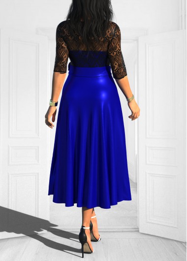 Royal Blue dresses,Plain Color dresses,ROTITA Bowknot Royal Blue Lace Stitching Belted Dress