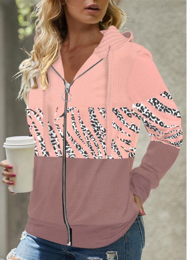 Pink tops,Leopard tops,ROTITA Zipper Leopard Pink Long Sleeve Hoodie